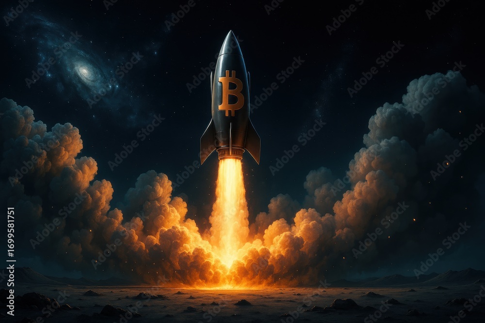 Obraz premium ビットコインロケットが夜空に打ち上げられる様子