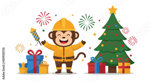 Cheerful monkey in a hard hat holding a firework by a Christmas tree