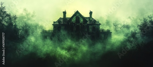 Spooky haunted house shrouded in green mist and fog on a dark and eerie night