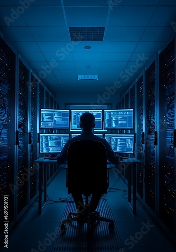 Cybersecurity analyst works late night monitoring security systems with multiple computer screens