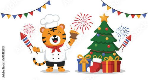 Tiger chef celebrating Christmas with fireworks and presents