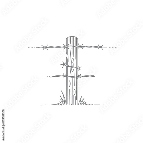 A rustic hand-drawn illustration of a wooden fence post with barbed wire, set against a simple white background, evokes feelings of rural life and rustic charm.