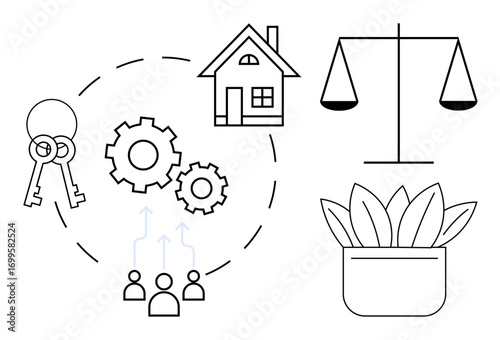 Keys, house, gears, scales, and plant pot interconnected through dotted line elements. Ideal for teamwork, growth, legal property homeownership responsibility strategy real estate. Simple flat