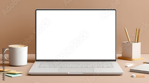 Minimalist vector illustration of a laptop computer mockup with blank screen, workspace elements, and clean background, perfect for UI/UX design and presentation templates.