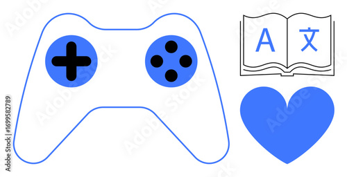 Gaming controller, open book with multilingual letters, and heart in bold design. Ideal for gaming, education, language learning, creativity, passion, hobbies simple landing page