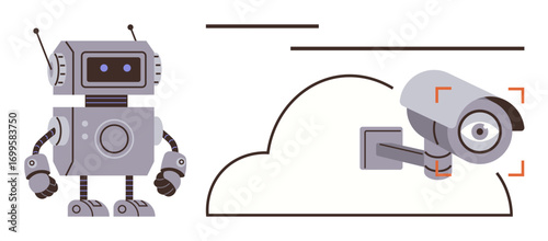 Robot beside cloud-shaped line linking to surveillance camera with detection overlay. Ideal for AI, robotics, security, cloud computing, monitoring, technology, smart systems. Simple flat metaphor