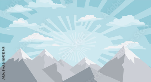 Mountain landscape vector illustration, snow peaks with clouds, blue sky background, nature scenery graphic, outdoor adventure design, panoramic alpine artwork, abstract natural environment silhouette