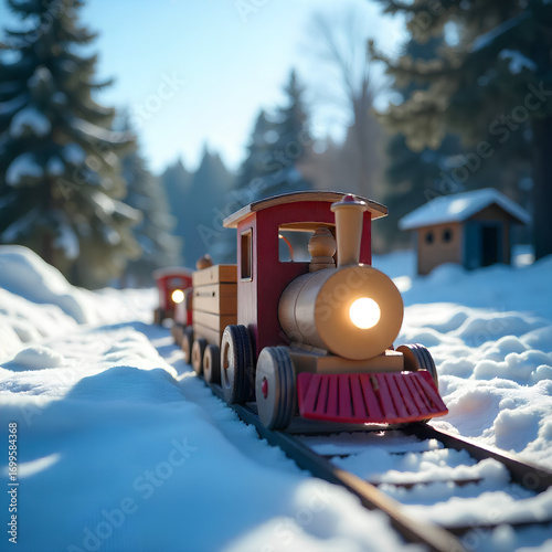 Charming wooden toy train glides through snowy winter wonderland, evoking childhood joy and holiday magic