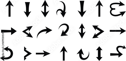 Arrow icon vector collection, different black arrow directions, curved and straight design, navigation symbols, pointer graphic set, isolated silhouette illustration design