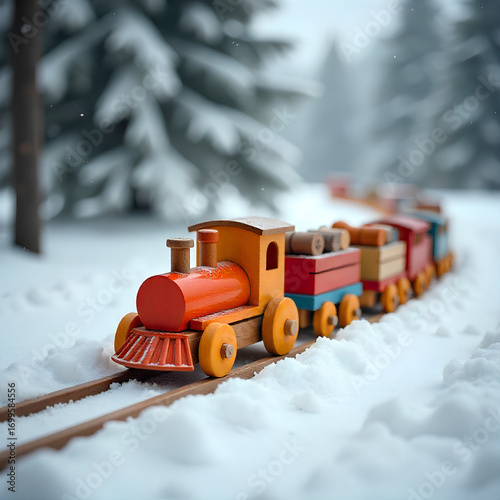 Whimsical wooden toy train chugs through snowy winter wonderland, spreading holiday cheer and nostalgia