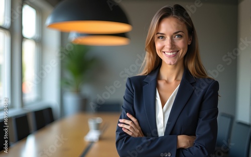 Portrait of professional businesswoman in suit standing at corporate firm in a boardroom during the meeting and smiling at camera. High quality