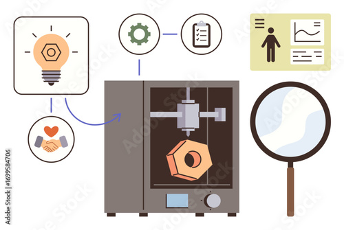 3D printer creating an object supported by design process with lightbulb, gear, clipboard, and data analysis graphics. Ideal for technology, creativity, innovation, research, teamwork prototyping
