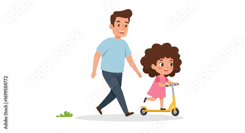 Happy Father and Daughter Enjoying Scooter Ride illustration featuring cute, together, vector, outdoors, man,