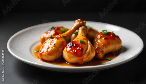 Delicious glazed chicken drumsticks arranged on white plate, a savory culinary delight ready to eat