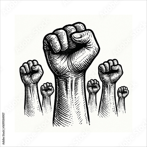 Hand Drawn Engraved Raised Fist Symbol of Power, Protest, and Solidarity Vector Illustration in Black and White