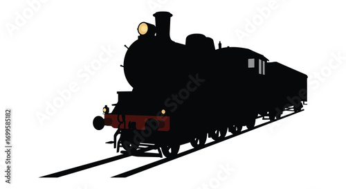 a classic steam locomotive silhouette on railway tracks