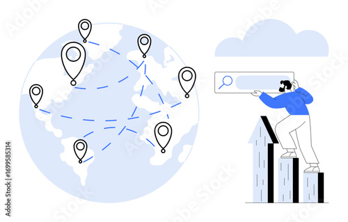 World map with location pins connected by dashed lines, man on a growth chart interacting with a search bar. Ideal for navigation, analytics, global reach, business strategy, exploration, connection