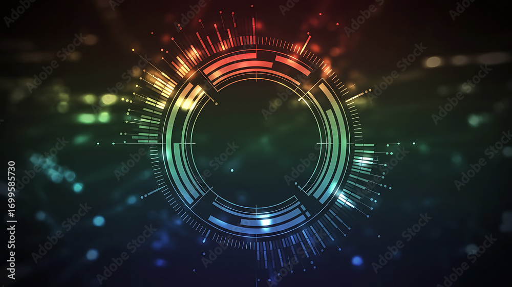 Obraz premium Abstract futuristic glowing circular portal with vibrant rainbow spectrum light emanating outwards against a dark background