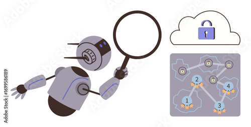 Robot holding magnifying glass examines cloud security and numbered network paths. Ideal for technology, AI, cybersecurity, data analysis, cloud computing, research, network systems. A simple flat