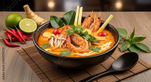 Close up Tom Yum Goong photo with spicy creamy broth