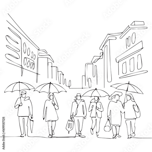 Simple black line art drawing of a street in a minimalist style on a white background.