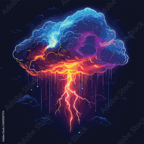 Futuristic thunderstorm weather, meteorology concept with glowing clouds, rain shower and lightning  , vector style simple color