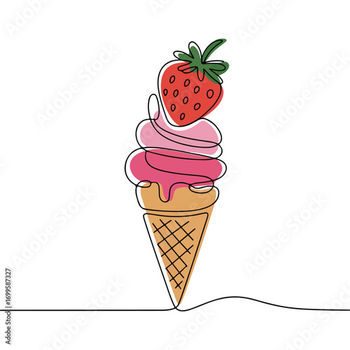 Simple black line art drawing of a strawberry cone ice cream in a minimalist style on a white background.