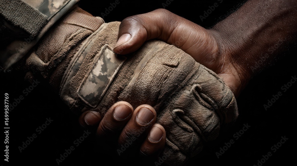 Fototapeta premium Close up hands shaking military gloves