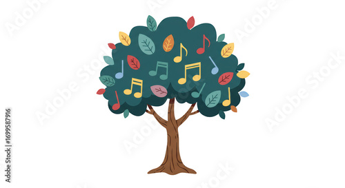 Musical Tree with Colorful Notes and Leaves illustration featuring life, drawing, creative, design, tree, note concept