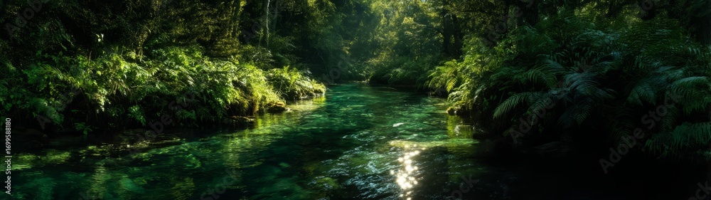 Fototapeta premium Serene river flowing through forest hdr panorama