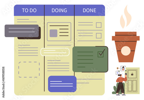 Task board divided into to-do, doing, and done columns. Cards organized by progress. Coffee cup and person organizing tasks. Ideal for productivity, teamwork, workflow, planning organization
