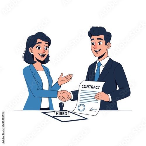 Two Business Professionals Shaking Hands Over a Signed Contract and 'HIRED' Document, Illustrating