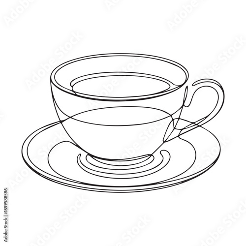 Simple black line art drawing of a cup of tea in a minimalist style on a white background.