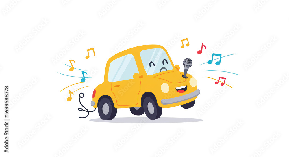 Fototapeta premium Singing Car with Musical Notes illustration featuring car, music theme, melody, drawing, learning, childrens concept design for modern