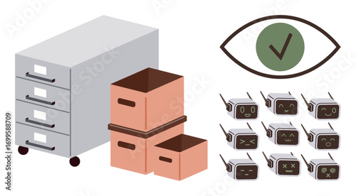 Filing cabinet with drawers, stacked cardboard boxes, robotic faces showing emotions, and an eye with a green checkmark denoting approval. Ideal for AI, data organization, emotion recognition