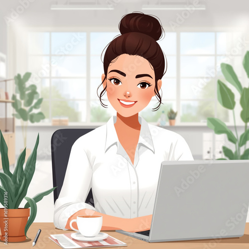 Cheerful young woman working on laptop in modern office with plants and coffee