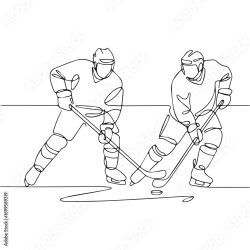 Simple black line art drawing of a ice hockey in a minimalist style on a white background.
