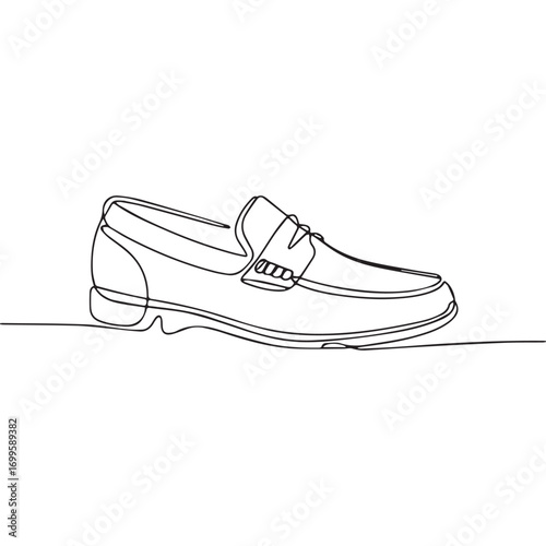 Simple black line art drawing of a leather moccasin shoes in a minimalist style on a white background.