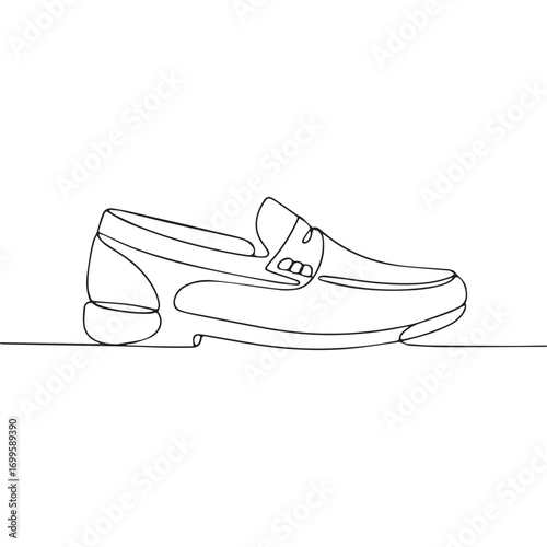 Simple black line art drawing of a leather moccasin shoes in a minimalist style on a white background.