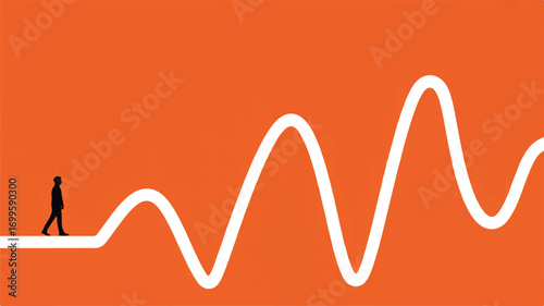 Vector art of silhouette of a person walking on a line graph against an orange background