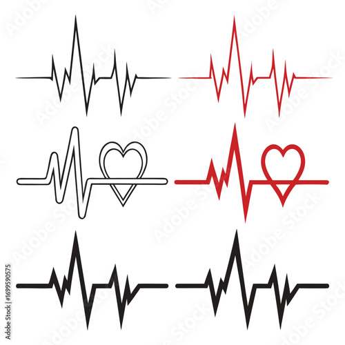 Dynamic heart rate lines and electrocardiogram symbols in black and red for medical and wellness themes