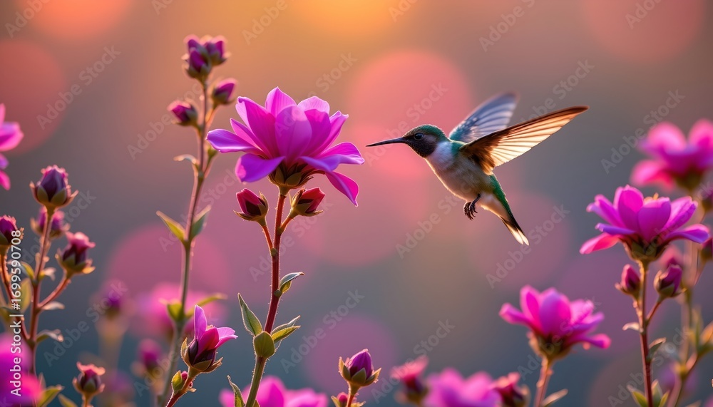 Naklejka premium Serene Hummingbird with Pink Flowers Dusk