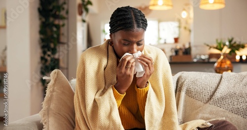 Canvastavla Sick, black woman and blowing nose with tissue on sofa for influenza, allergy or sinus in home