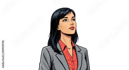 Thoughtful Business Woman Comic Style Portrait illustration featuring graphic design, gray jacket, blouse, portrait,