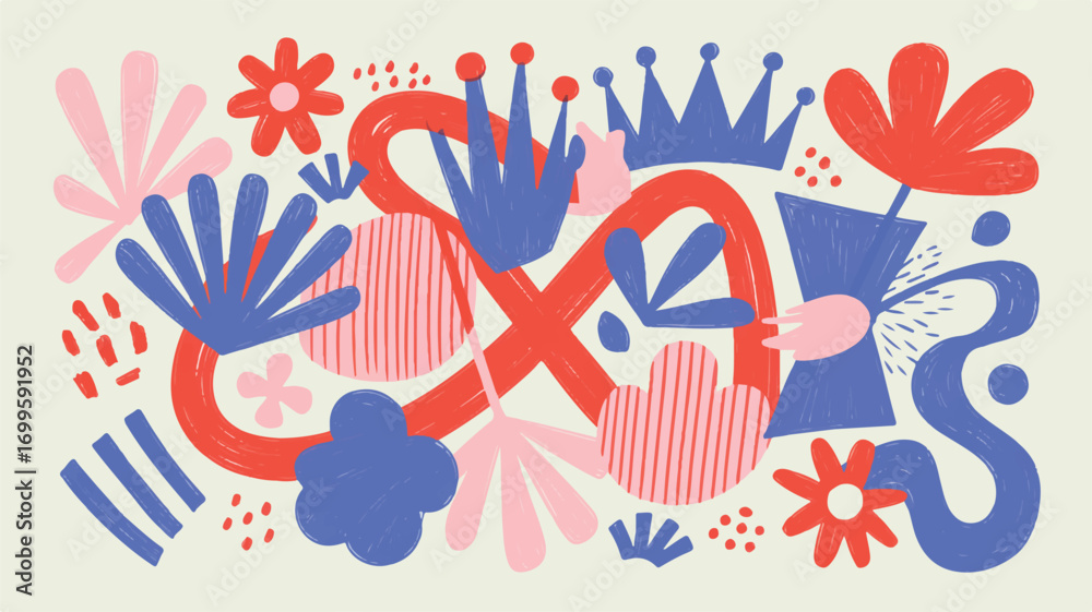 Fototapeta premium Vector art of colorful abstract illustration with floral and crown elements on a light background