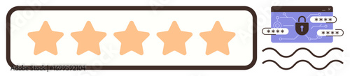 Five stars illustrating rating system, alongside a secure padlock, password inputs, and abstract waves. Ideal for feedback, security, trust, reliability, data protection satisfaction simple flat