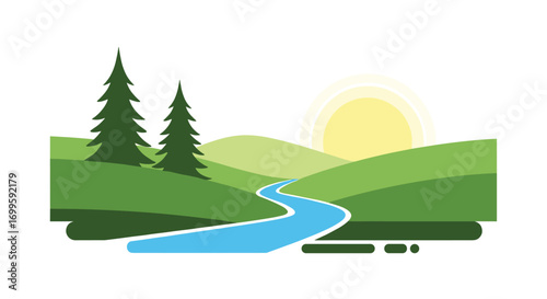 Tranquil landscape with winding river under a radiant sunrise sky with verdant rolling hills and tall evergreen trees