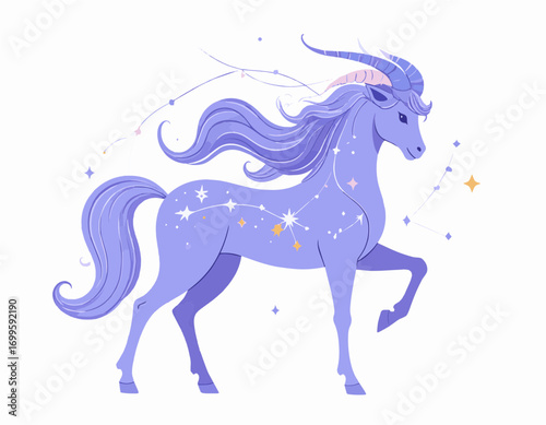 Elegant purple Capricorn zodiac sign illustration, a mythical celestial sea-goat adorned with star constellations on a white background