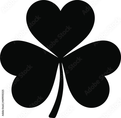 Black silhouette of a three-leaf clover with heart-shaped leaves, isolated on white background, St. Patrick's Day symbol, luck and nature icon illustration