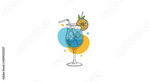 Refreshing summer beverage cocktail drink with citrus garnish and colorful abstract shapes for tropical party invitation background